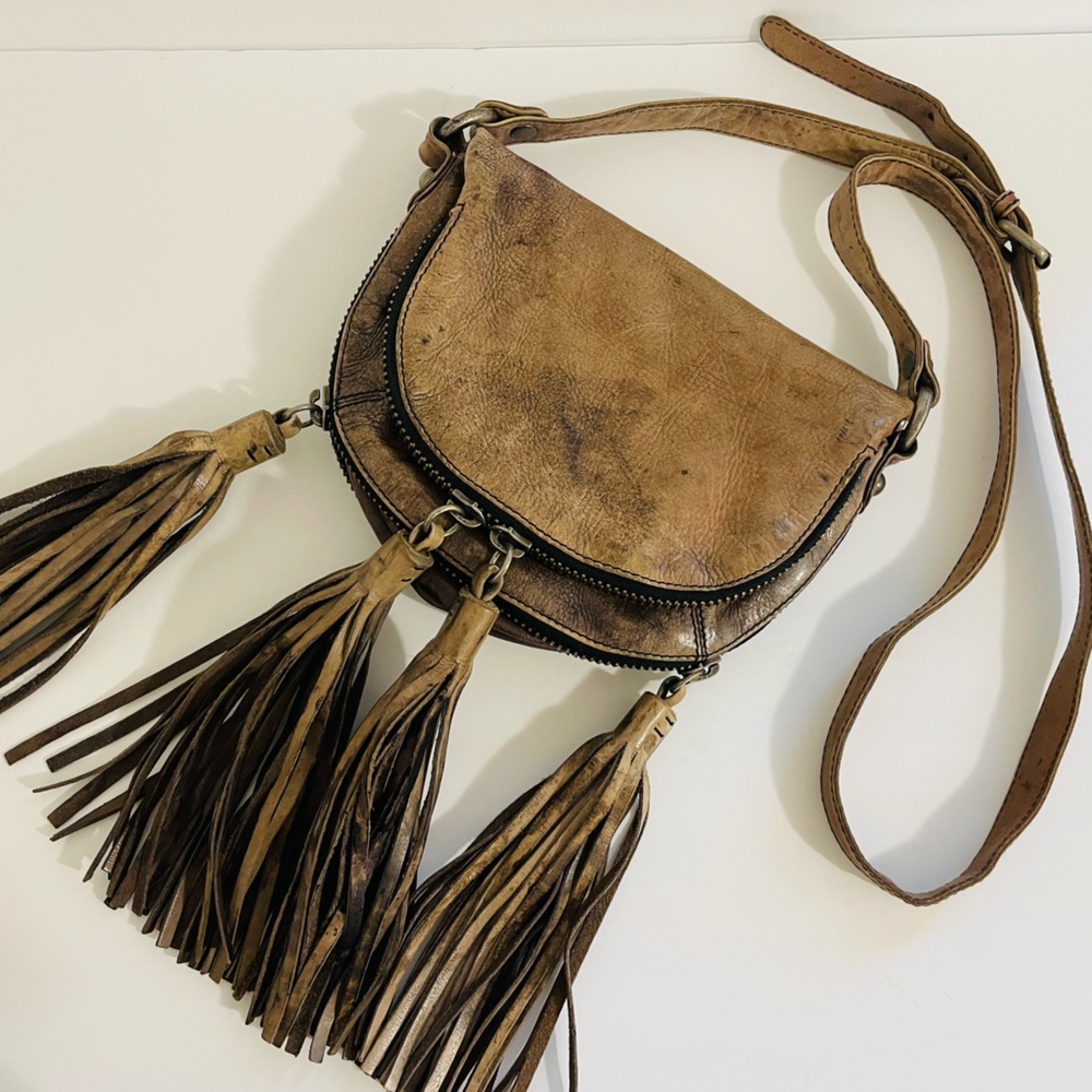 ALL SAINTS FRINGE CROSSBODY DISTRESSED LEATHER BAG
